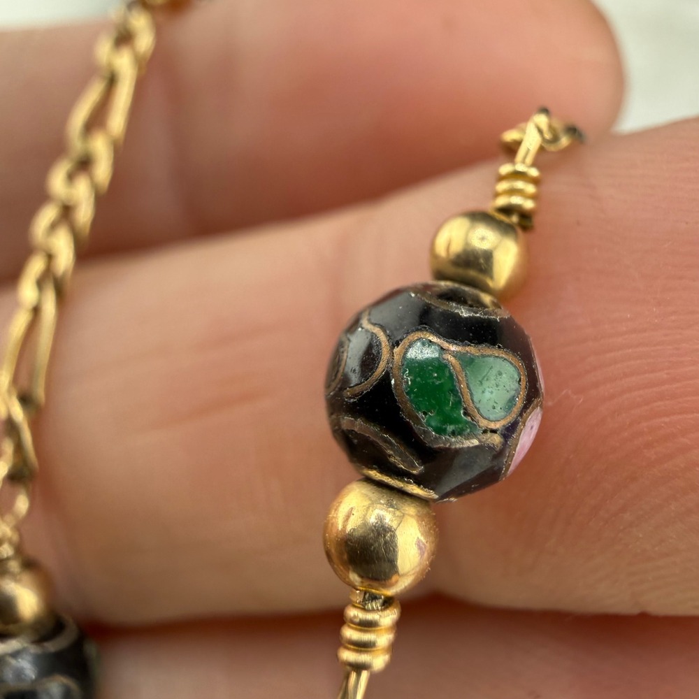 Vintage Gold‎ Filled Cloisonne Bead Figaro Chain Bracelet Black Floral 7"